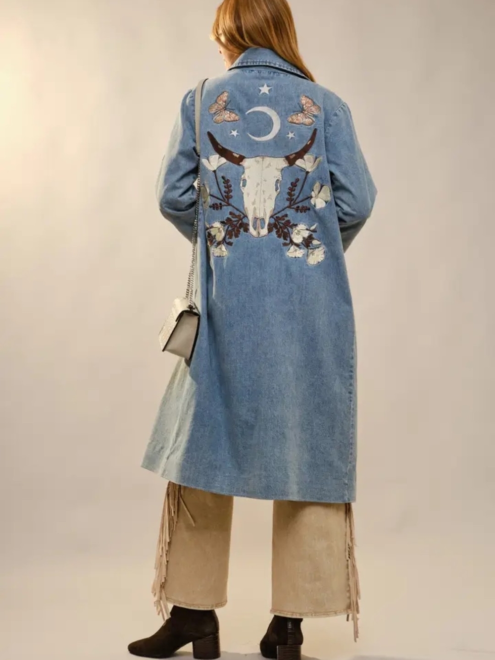 BLUE B Embroidered Light Blue Denim Trench Jacket Boho